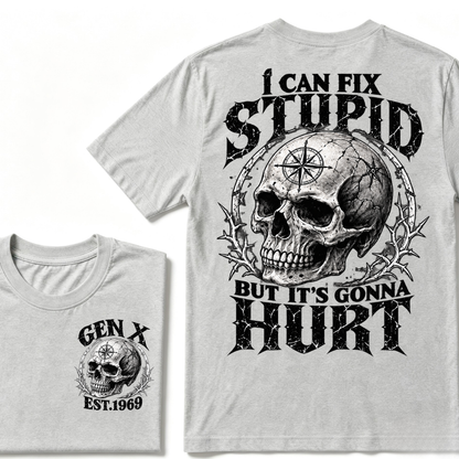 Gen X EST.Year Skull Compass I Can Fix Stupid But It's Gonna Hurt Vintage Graphic T-Shirt