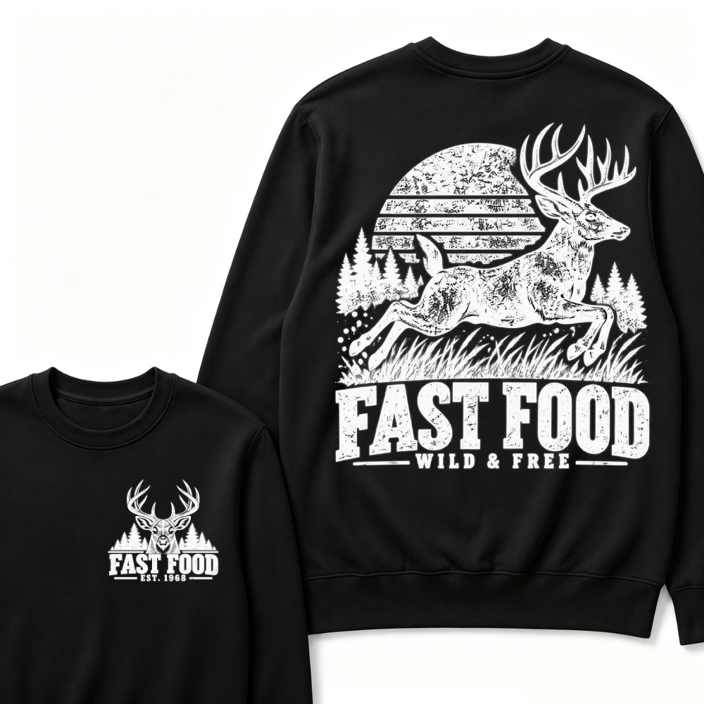EST.Year Fast Food Wild & Free Vintage Deer Hunting Sunset Forest Graphic Sweatshirt