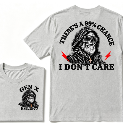Gen X EST.Year There's A 99% Chance I Don't Care Bearded Skull Hooded Graphic T-Shirt