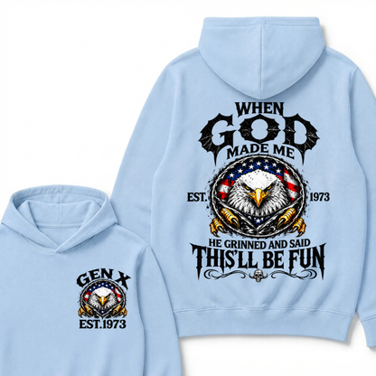 When God Made Me He Grinned And Said This’ll Be Fun EST.Year Vintage Eagle Graphic Hoodie