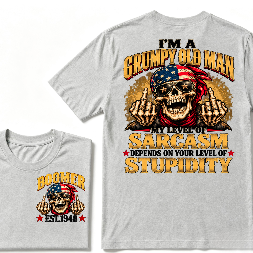 EST.Year I'm A Grumpy Old Man My Level Of Sarcasm Depends On Your Level Of Stupidity American Flag Skull Graphic T-Shirt
