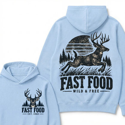 Fast Food Wild & Free Deer Hunting Hoodie EST.Year Vintage Buck Hunter Forest Graphic Hoodie