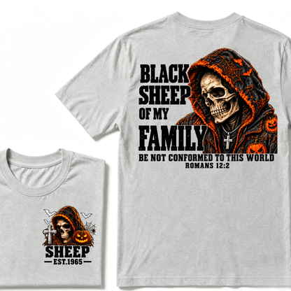 Black Sheep Of My Family Halloween Skull Hooded T-Shirt, Be Not Conformed To This World Romans 12:2 Christian EST.Year Pumpkin Bat Print Graphic Tee