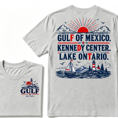 Gulf Of Mexico Kennedy Center Lake Ontario EST.Year Vintage Nautical Lighthouse Sailboat Sunset T-Shirt,Print Retro Ocean Tee
