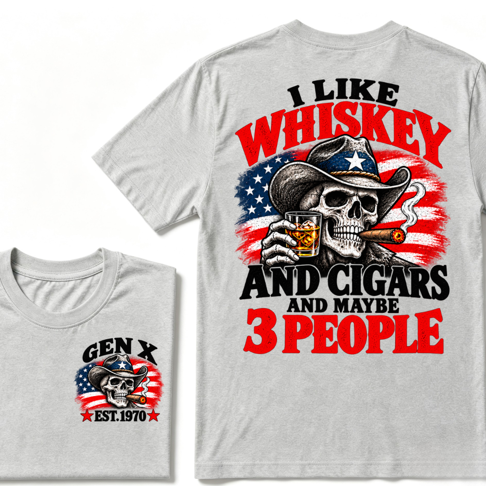 Gen X EST.Year I Like Whiskey And Cigars And Maybe 3 People Cowboy Skull American Flag Graphic T-Shirt