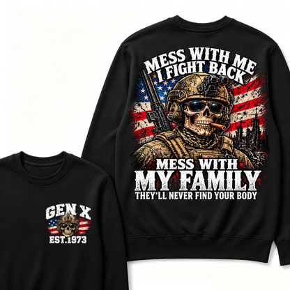 EST.Year Mess With Me I Fight Back Mess With My Family Tactical Skull American Flag Sweatshirt