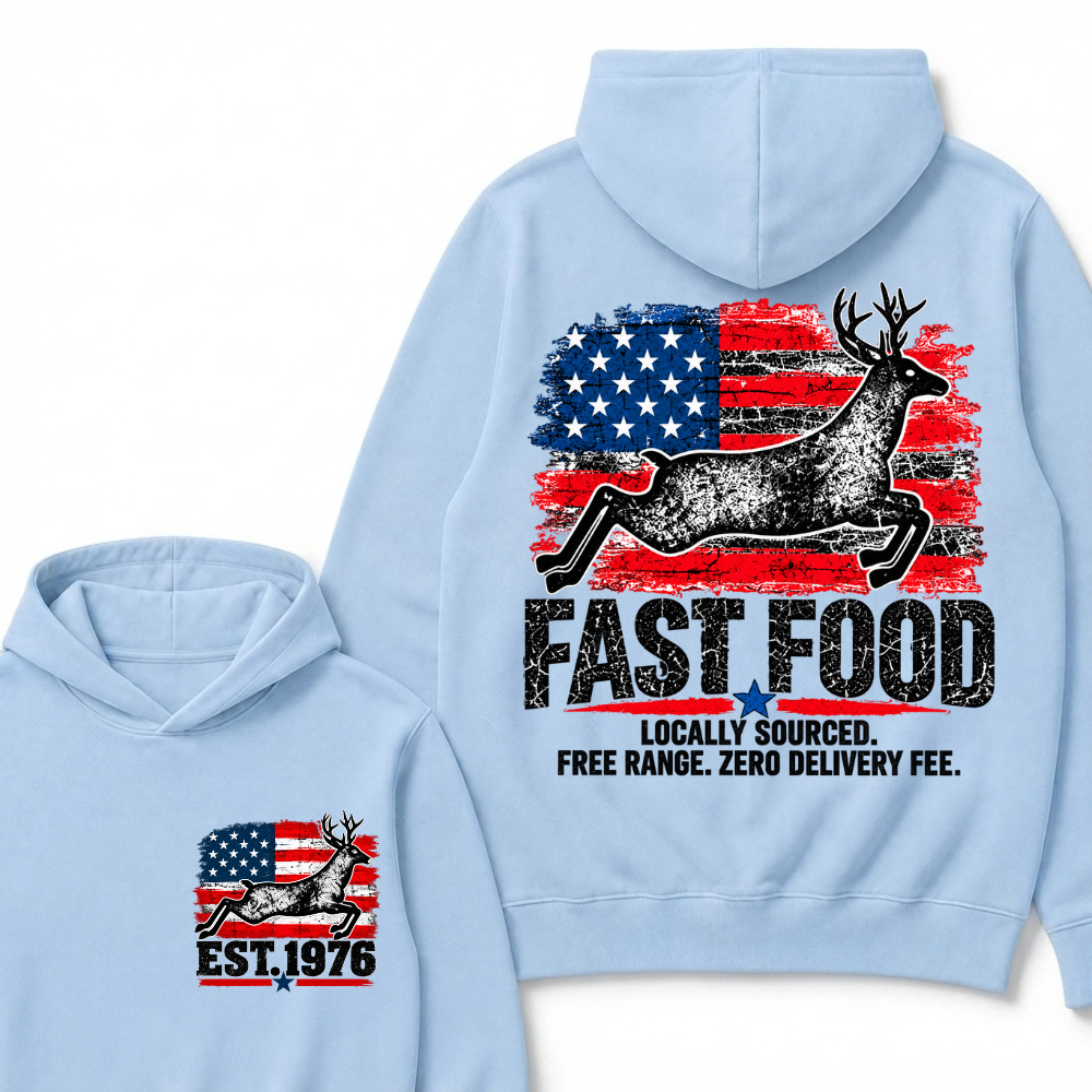 Fast Food Deer Hunting T-Shirt, Locally Sourced Free Range Zero Delivery Fee Vintage American Flag EST.Year Hunter Graphic Hoodie