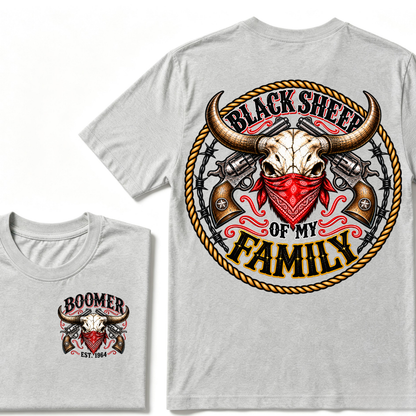Black Sheep Of My Family EST.Year Vintage Longhorn Skull With Revolvers Western T-Shirt
