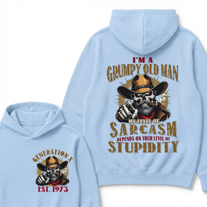 EST.YearI'm A Grumpy Old Man My Level Of Sarcasm Depends On Your Level Of Stupidity Cowboy Skull Graphic Hoodie, Funny Gen X Sarcastic Hooded Sweatshirt