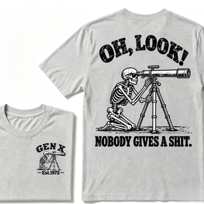 Oh Look Nobody Gives A Shit EST.Year Vintage Skeleton Telescope Tee