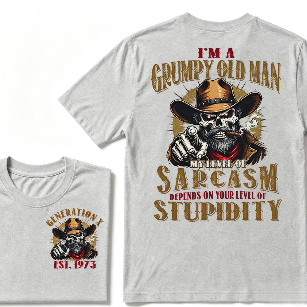 I'm A Grumpy Old Man My Level Of Sarcasm Depends On Your Level Of Stupidity EST.Year Vintage Western Skull Graphic Tee