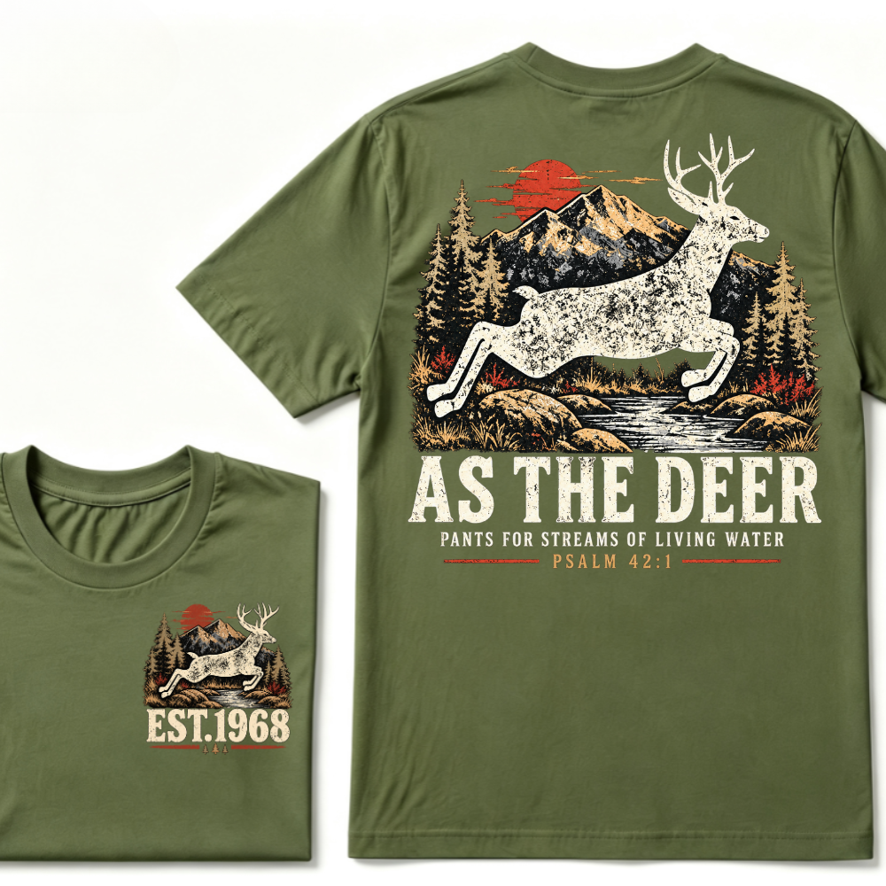 As The Deer Pants For Streams Of Living Water Psalm 42:1 Christian Deer Hunting Vintage Mountain EST.Year Graphic T-Shirt