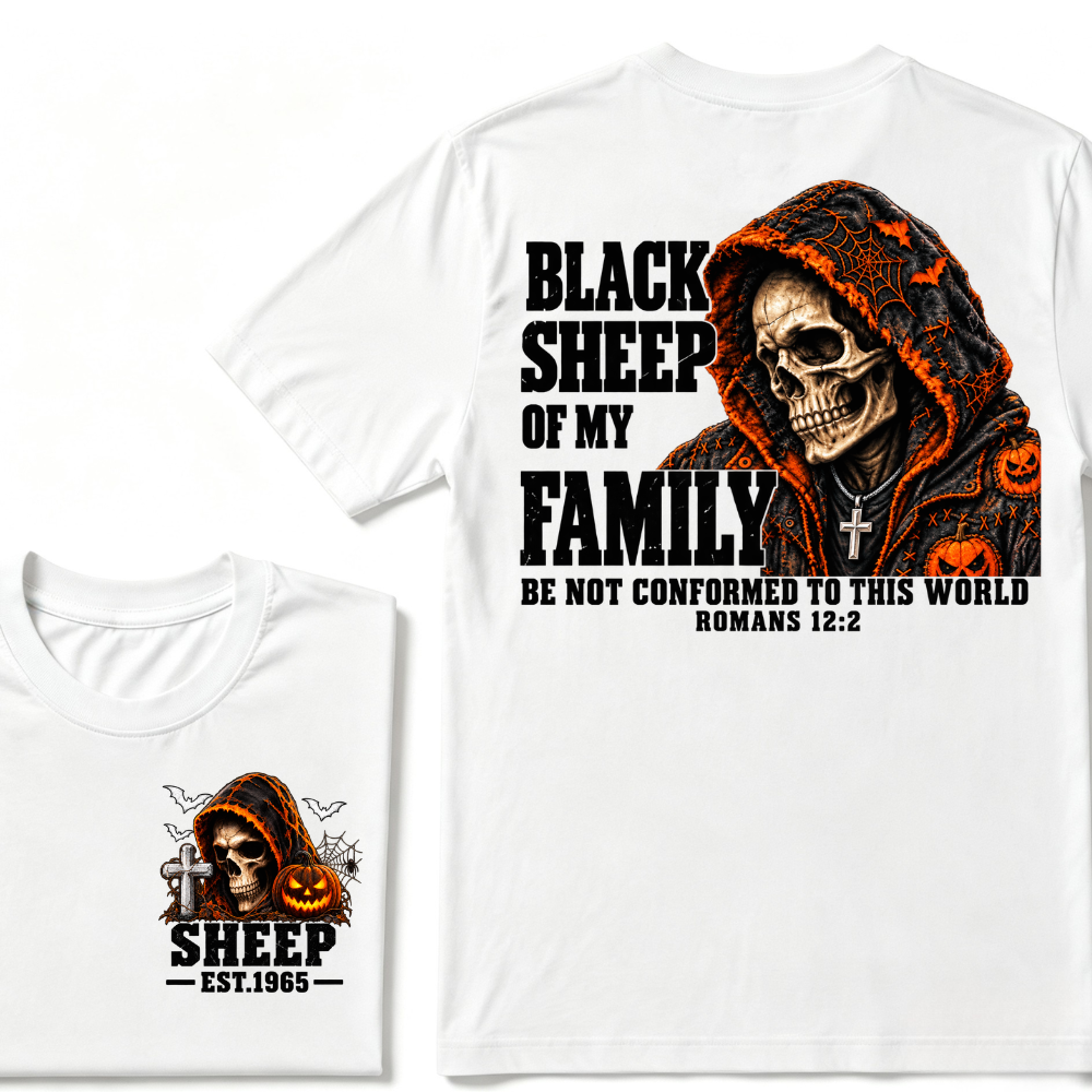 Black Sheep Of My Family Halloween Skull Hooded T-Shirt, Be Not Conformed To This World Romans 12:2 Christian EST.Year Pumpkin Bat Print Graphic Tee