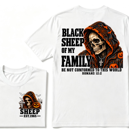 Black Sheep Of My Family Halloween Skull Hooded T-Shirt, Be Not Conformed To This World Romans 12:2 Christian EST.Year Pumpkin Bat Print Graphic Tee