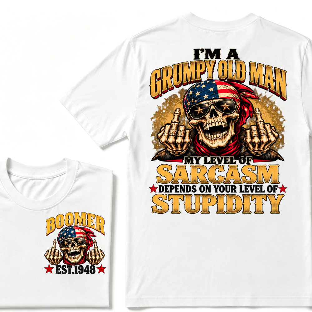EST.Year I'm A Grumpy Old Man My Level Of Sarcasm Depends On Your Level Of Stupidity American Flag Skull Graphic T-Shirt