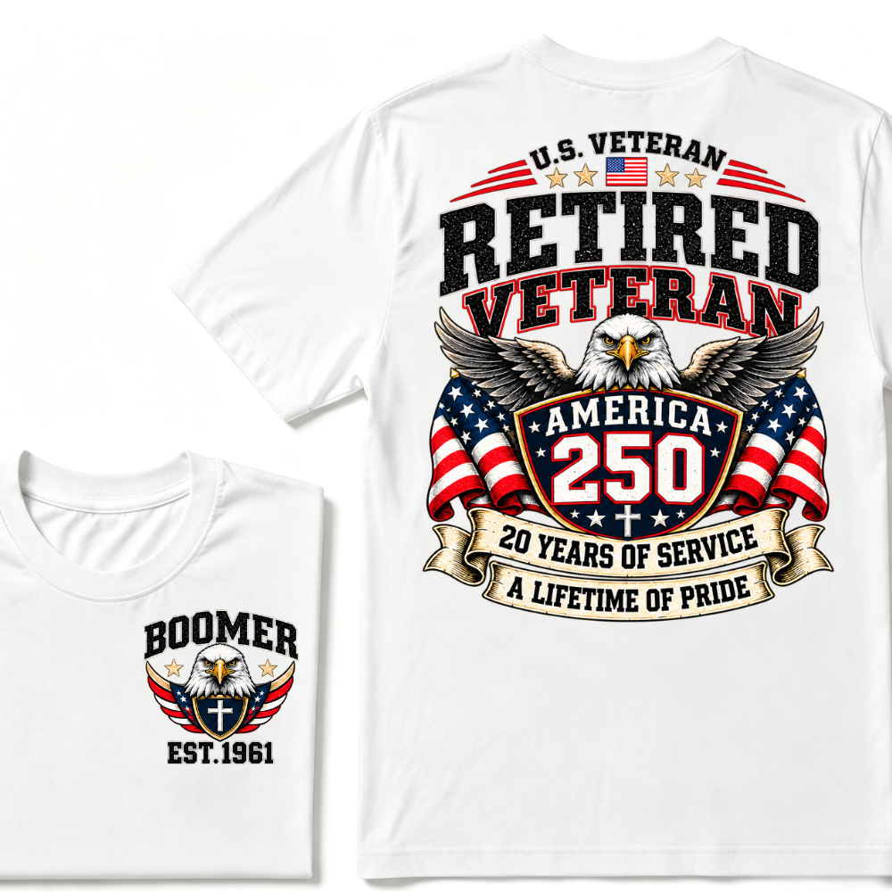 U.S. Veteran Retired Veteran America 250 20 Years Of Service A Lifetime Of Pride EST.Year Graphic T Shirt