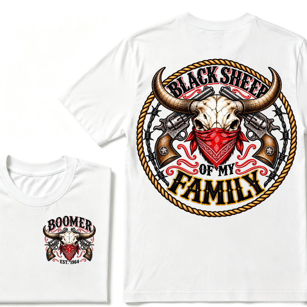 Black Sheep Of My Family EST.Year Vintage Longhorn Skull With Revolvers Western T-Shirt