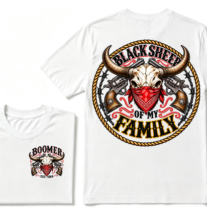 Black Sheep Of My Family EST.Year Vintage Longhorn Skull With Revolvers Western T-Shirt