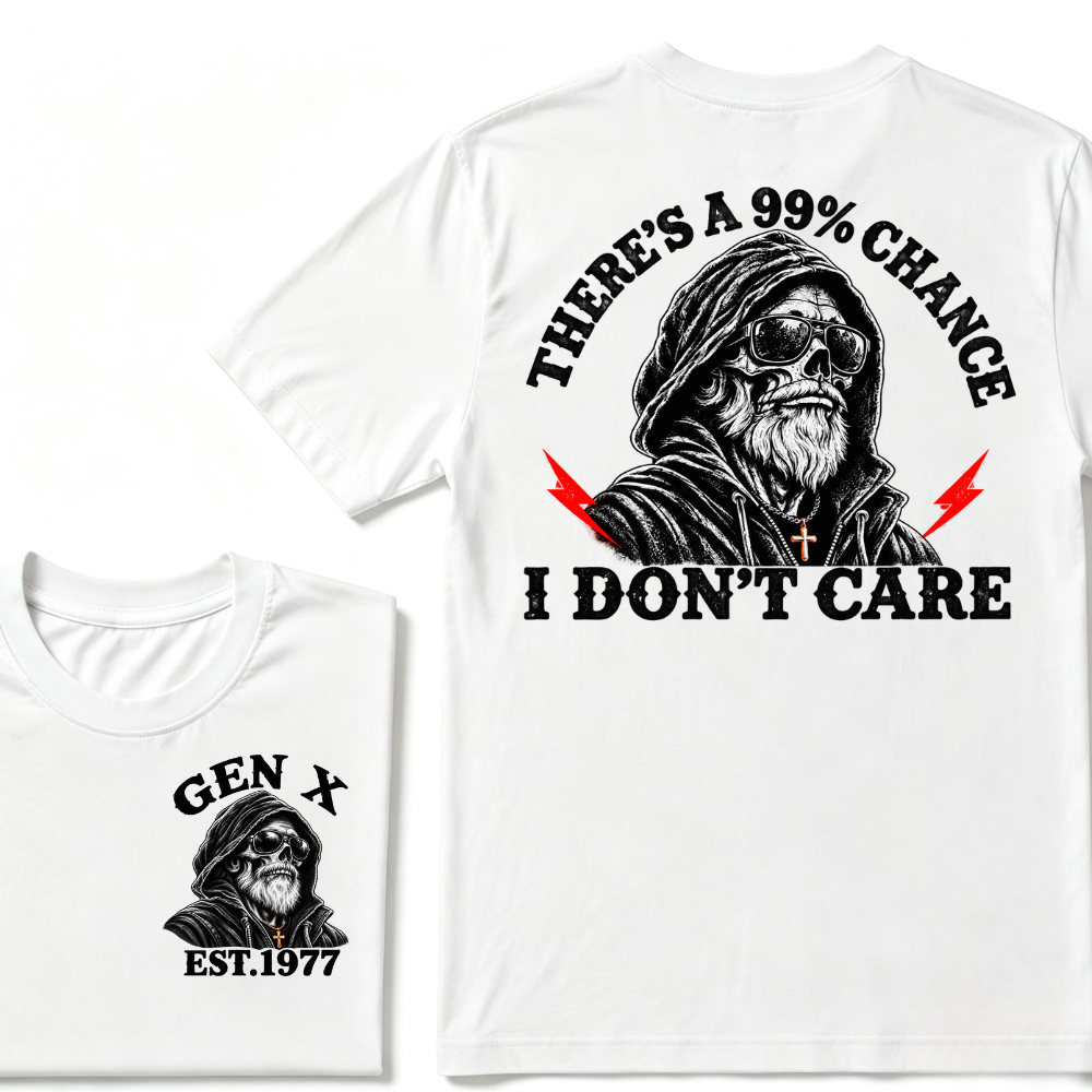 Gen X EST.Year There's A 99% Chance I Don't Care Bearded Skull Hooded Graphic T-Shirt