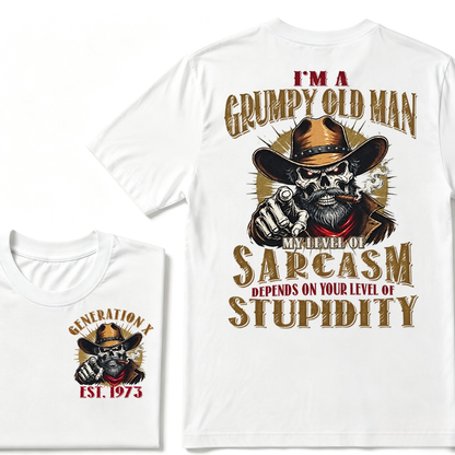 I'm A Grumpy Old Man My Level Of Sarcasm Depends On Your Level Of Stupidity EST.Year Vintage Western Skull Graphic Tee