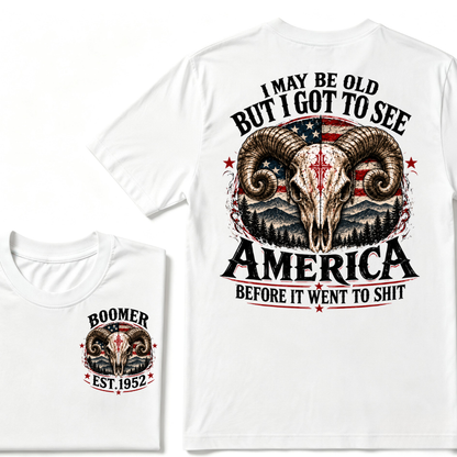 Boomer EST.Year Ram Skull American Flag I May Be Old But I Got To See America Vintage Graphic T-Shirt