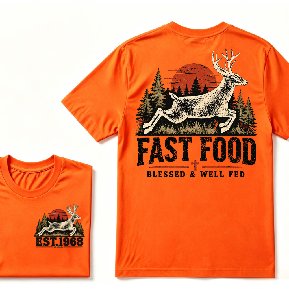 Fast Food Deer Hunting T-Shirt, Blessed & Well Fed Vintage Sunset Forest EST.Year Christian Hunter Graphic Tee