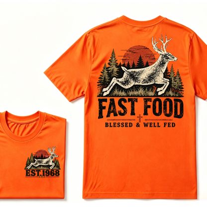 Fast Food Deer Hunting T-Shirt, Blessed & Well Fed Vintage Sunset Forest EST.Year Christian Hunter Graphic Tee