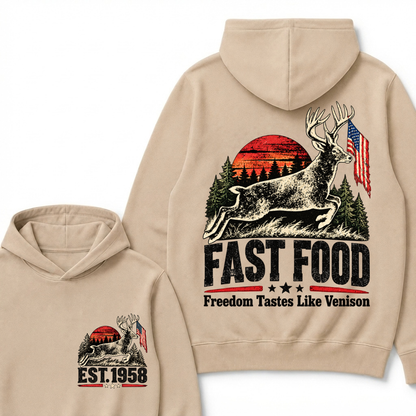 Fast Food Deer Hunting Hoodie, Freedom Tastes Like Venison Vintage Sunset USA Flag EST.Year Hunter Graphic Hooded Sweatshirt