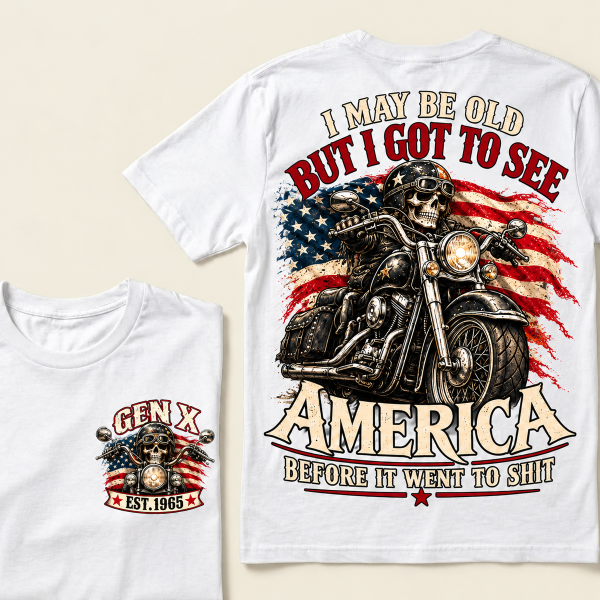 Funny Gen X Biker T-Shirt, Vintage Motorcycle Skull American Flag Tee, Retro 1965 Gen X Gift, Patriotic Biker Shirt