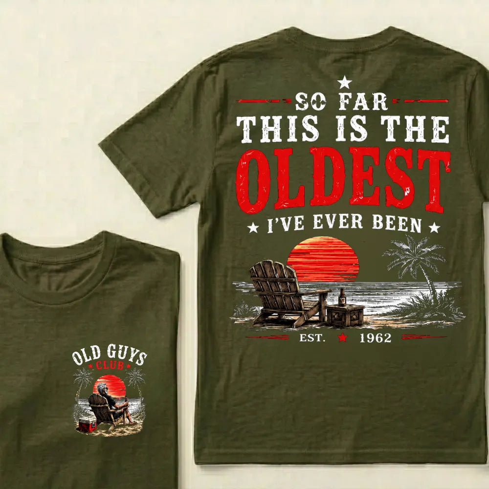 🌅 "Old Guys Club" Vintage Beach Birthday Commemorative Graphic T-Shirt