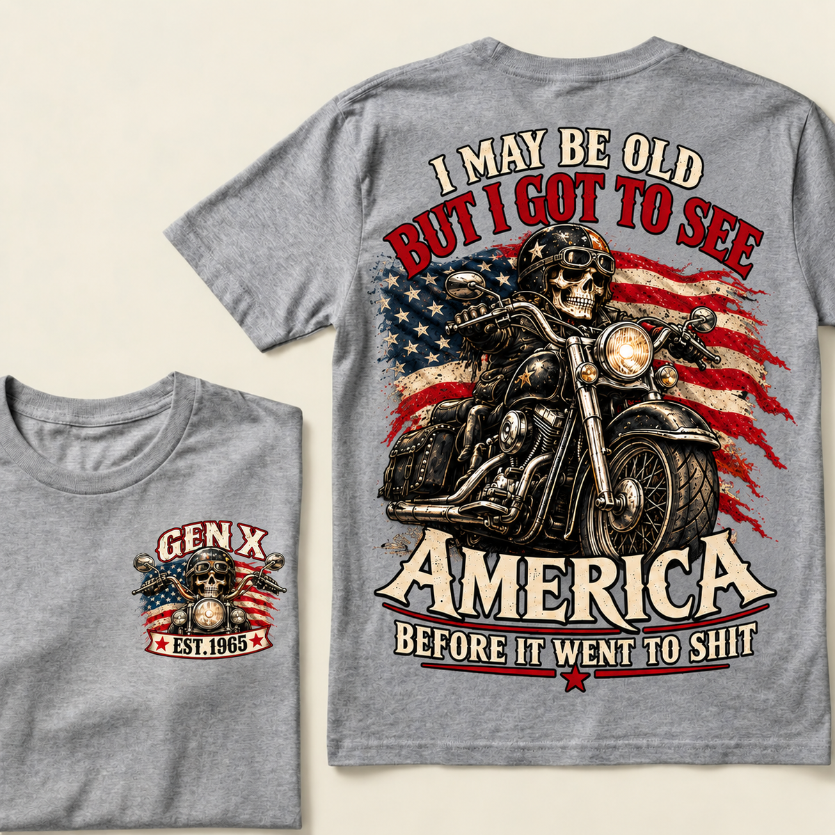 Funny Gen X Biker T-Shirt, Vintage Motorcycle Skull American Flag Tee, Retro 1965 Gen X Gift, Patriotic Biker Shirt