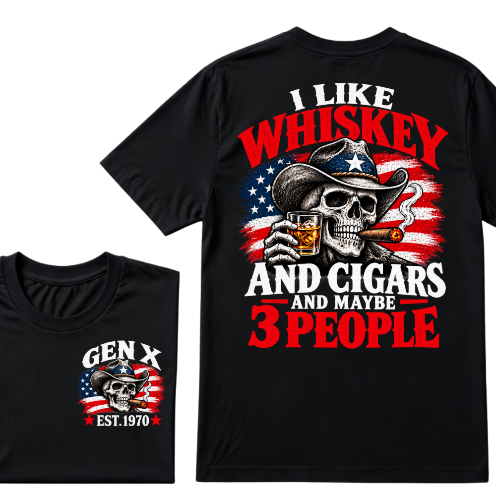 Gen X EST.Year I Like Whiskey And Cigars And Maybe 3 People Cowboy Skull American Flag Graphic T-Shirt