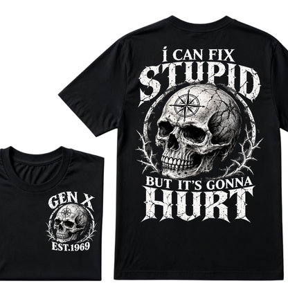 Gen X EST.Year Skull Compass I Can Fix Stupid But It's Gonna Hurt Vintage Graphic T-Shirt