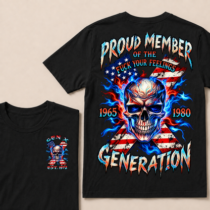 Gen X EST.Year Proud Member Of The Generation Fire Skull American Flag X Graphic T-Shirt
