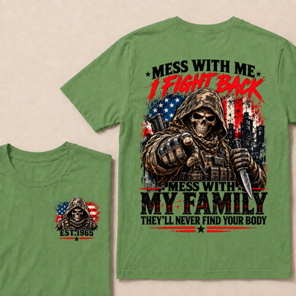 EST.Year Mess With Me I Fight Back Mess With My Family Tactical Skull American Flag T-Shirt