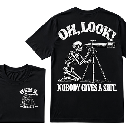 Oh Look Nobody Gives A Shit EST.Year Vintage Skeleton Telescope Tee