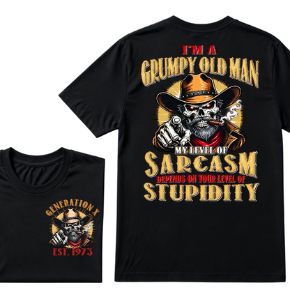 I'm A Grumpy Old Man My Level Of Sarcasm Depends On Your Level Of Stupidity EST.Year Vintage Western Skull Graphic Tee