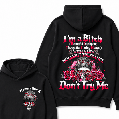 Generation X Hoodie, I'm Beautiful Intelligent Thoughtful Caring Honest Low Tolerance Skull Roses Graphic Hooded Sweatshirt