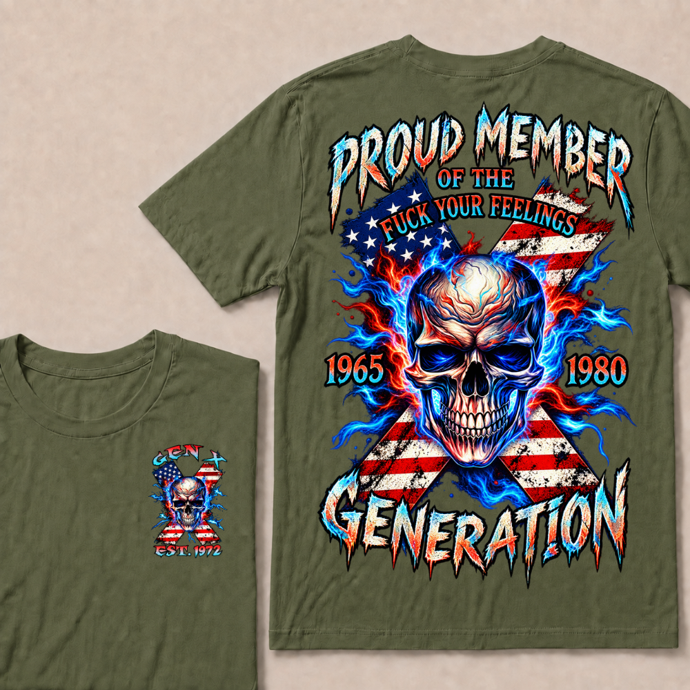 Gen X EST.Year Proud Member Of The Generation Fire Skull American Flag X Graphic T-Shirt