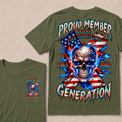 Gen X EST.Year Proud Member Of The Generation Fire Skull American Flag X Graphic T-Shirt