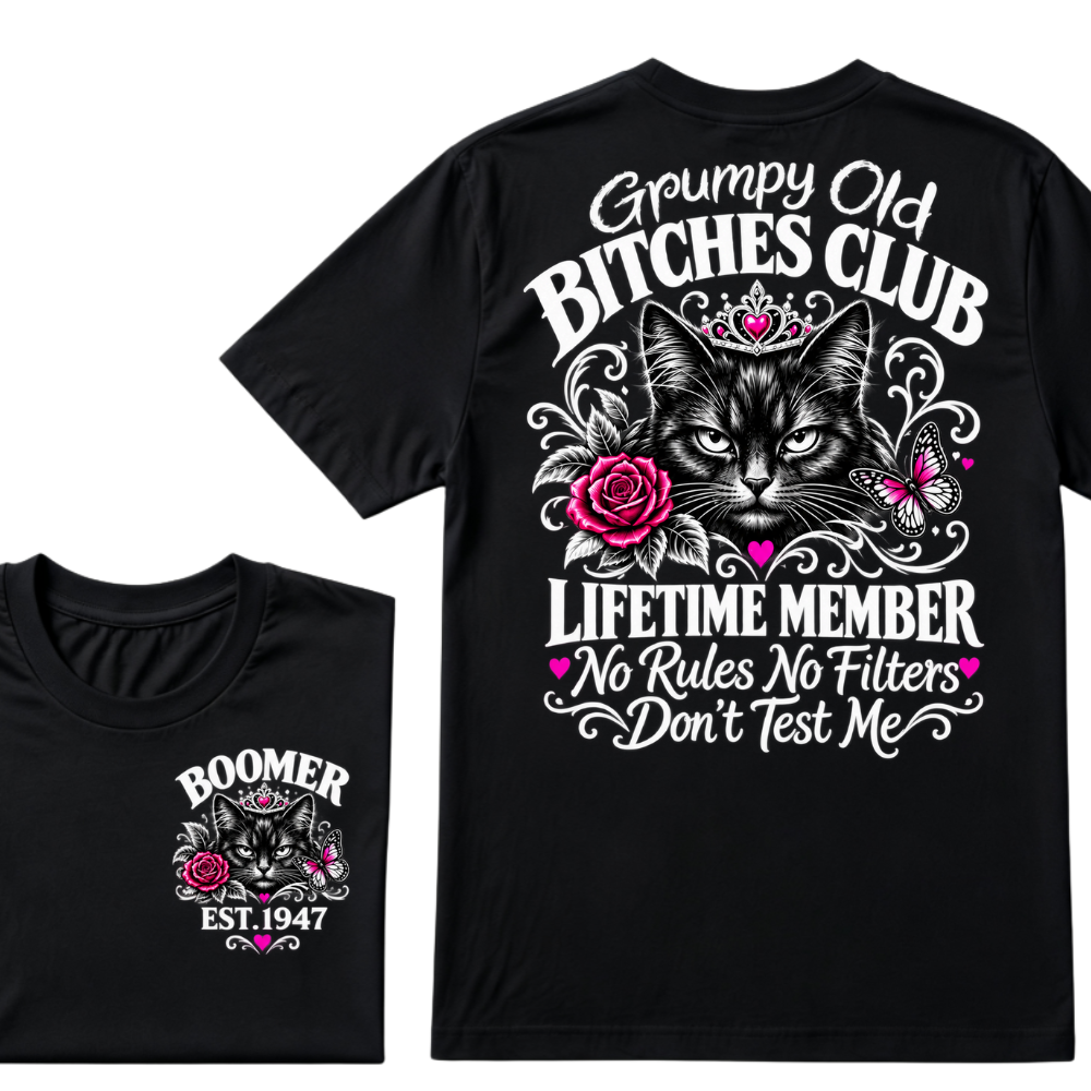 Boomer EST.Year Grumpy Old Club Crown Cat Rose Butterfly Sarcastic Graphic T-Shirt