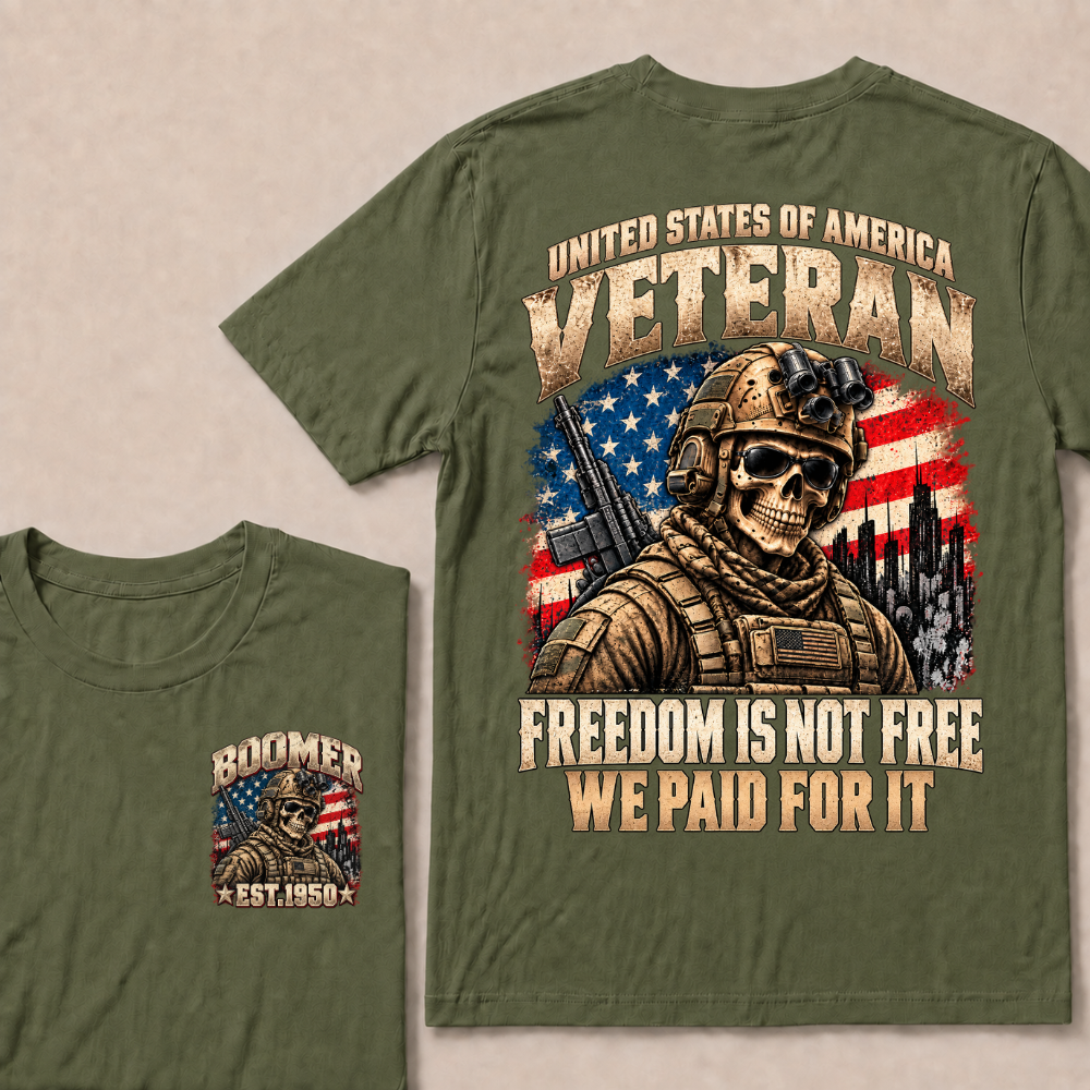EST.Year United States Veteran Freedom Is Not Free We Paid For It Tactical Skull American Flag T-Shirt