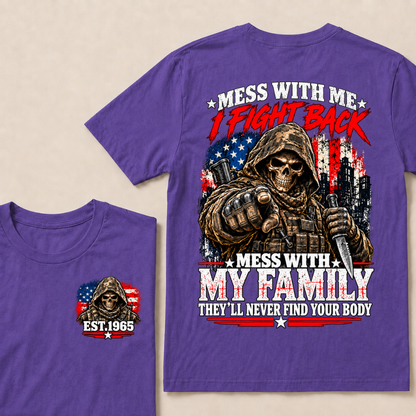 EST.Year Mess With Me I Fight Back Mess With My Family Tactical Skull American Flag T-Shirt