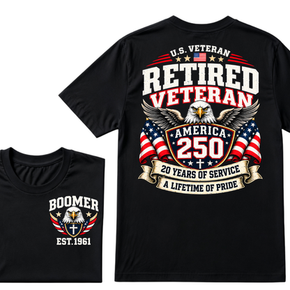 U.S. Veteran Retired Veteran America 250 20 Years Of Service A Lifetime Of Pride EST.Year Graphic T Shirt