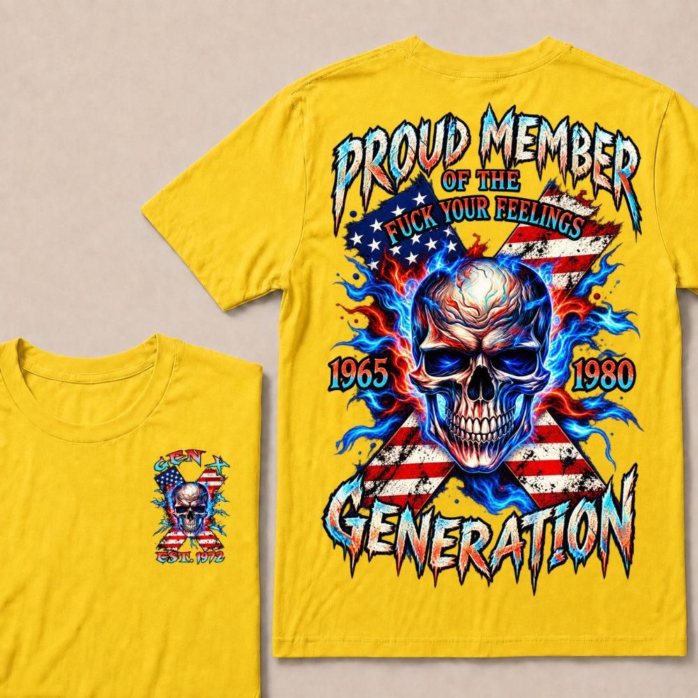 Gen X EST.Year Proud Member Of The Generation Fire Skull American Flag X Graphic T-Shirt