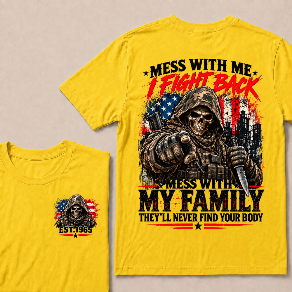 EST.Year Mess With Me I Fight Back Mess With My Family Tactical Skull American Flag T-Shirt