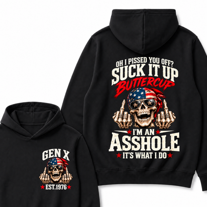 EST.YearOh I Pissed You Off Suck It Up Buttercup I'm An Asshole It's What I Do American Flag Skull Graphic Hoodie, Funny Gen X Sarcastic Hooded Sweatshirt