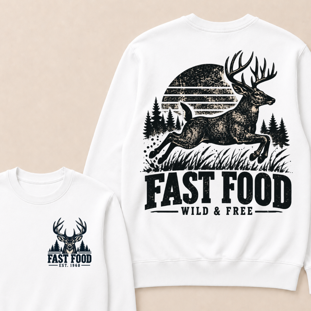 EST.Year Fast Food Wild & Free Vintage Deer Hunting Sunset Forest Graphic Sweatshirt