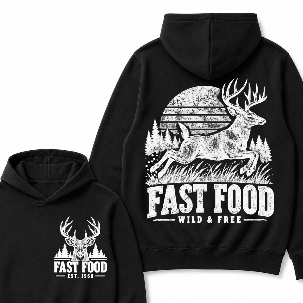 Fast Food Wild & Free Deer Hunting Hoodie EST.Year Vintage Buck Hunter Forest Graphic Hoodie