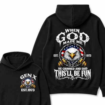 When God Made Me He Grinned And Said This’ll Be Fun EST.Year Vintage Eagle Graphic Hoodie